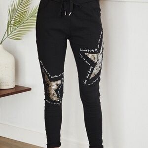 NWT, Black Sequin Star Crinkle Joggers in Medium